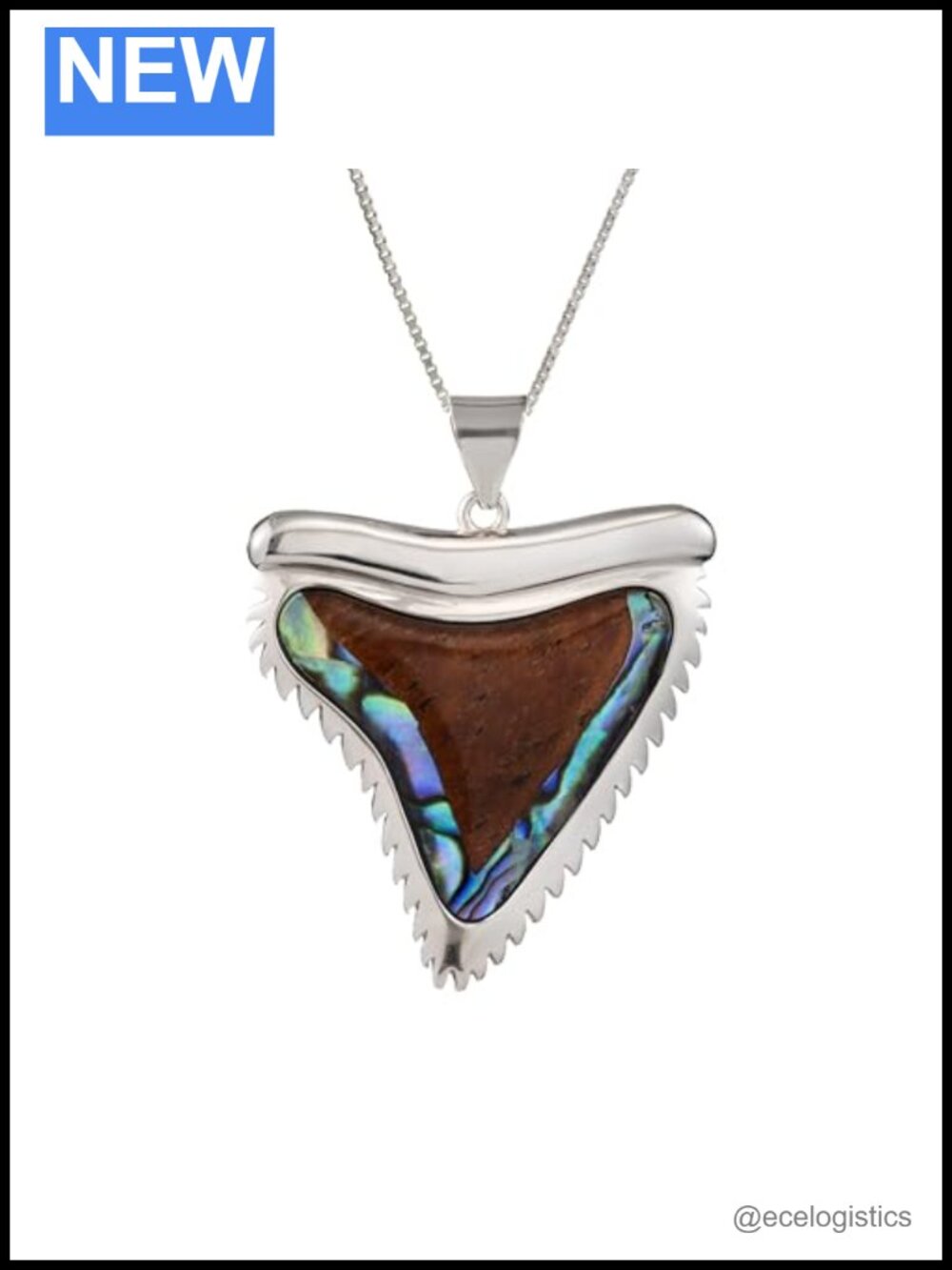 925 Sterling Silver Koa Wood Abalone Shark Tooth Necklace 18" Box Chain